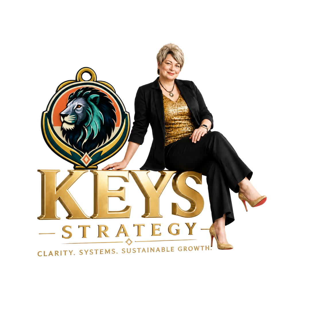 Patsy Alston seated beside the KEYS Strategy logo, wearing a black blazer and gold top