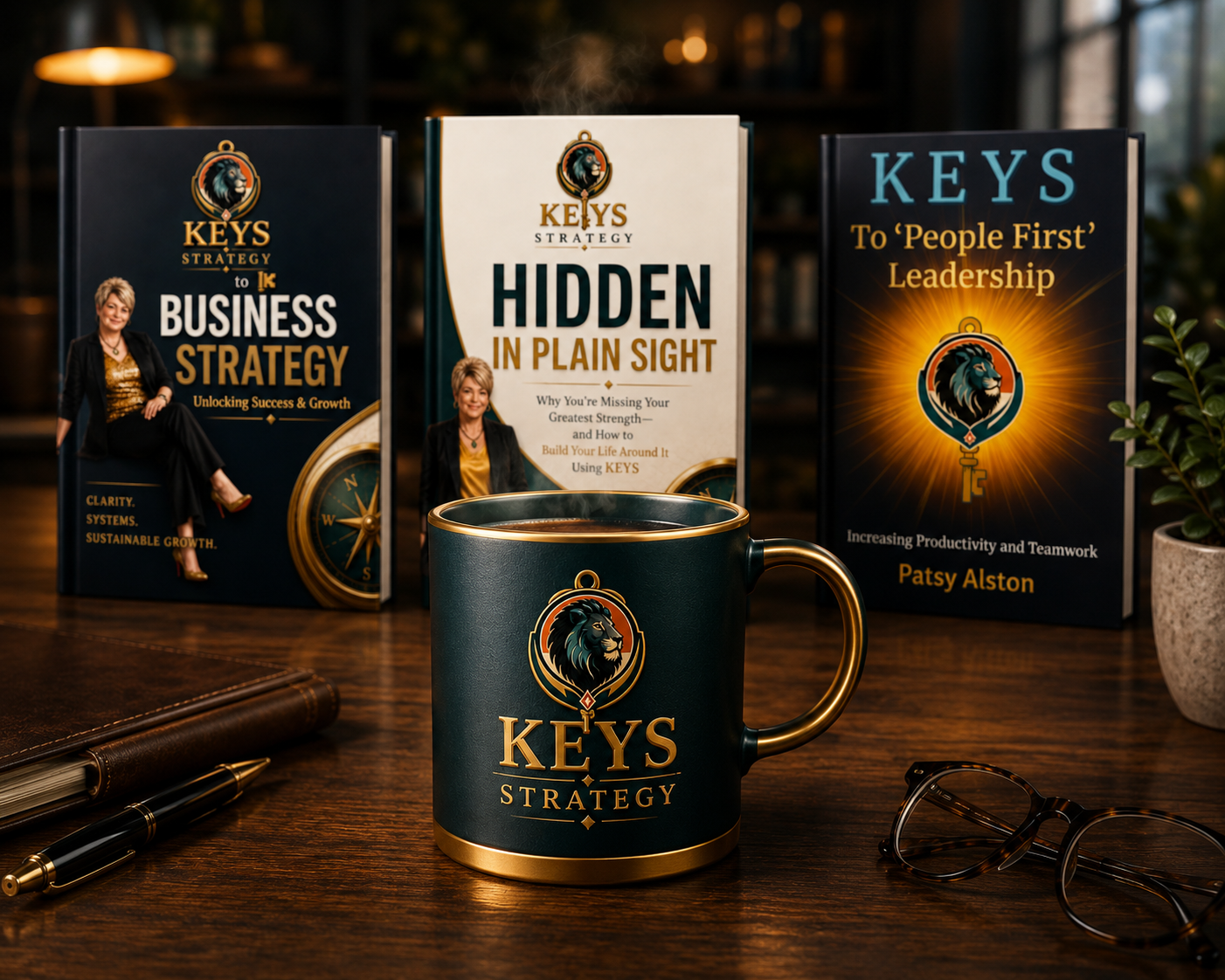 Patsy Alston's KEYS books displayed on a desk beside a KEYS Strategy mug